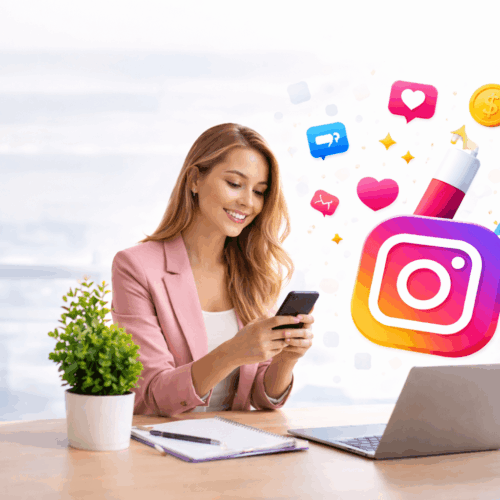 Instagram lead generation concept with business owner using smartphone and Instagram marketing icons around laptop workspace