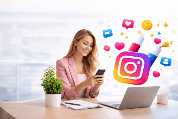 Instagram lead generation concept with business owner using smartphone and Instagram marketing icons around laptop workspace