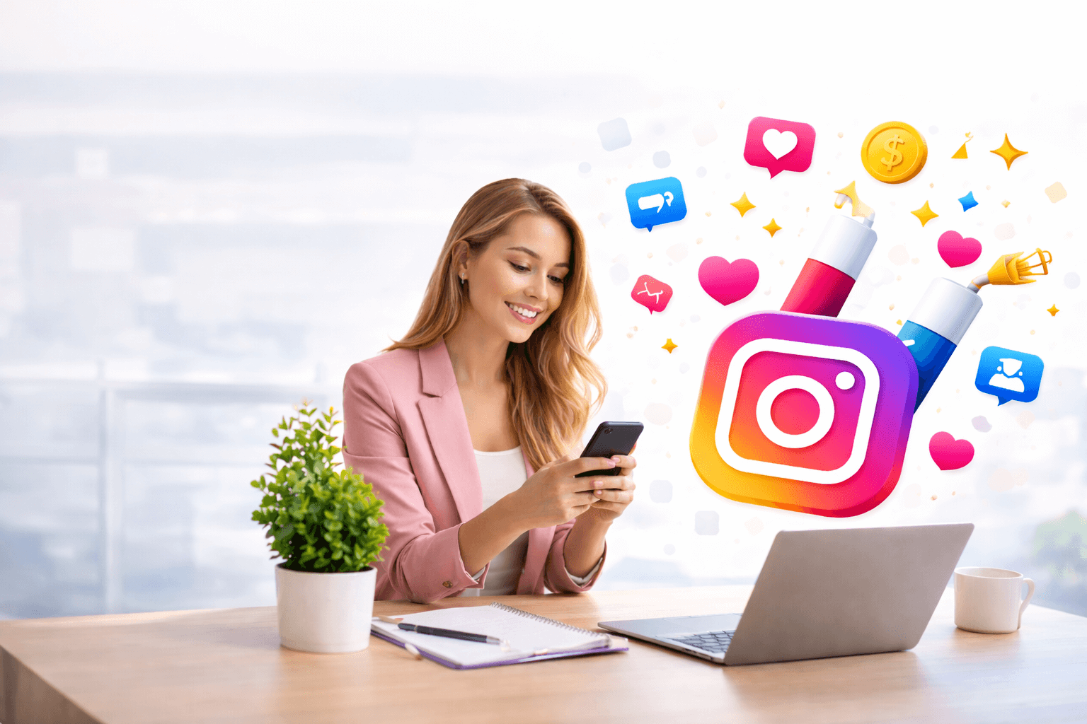 Instagram lead generation concept with business owner using smartphone and Instagram marketing icons around laptop workspace