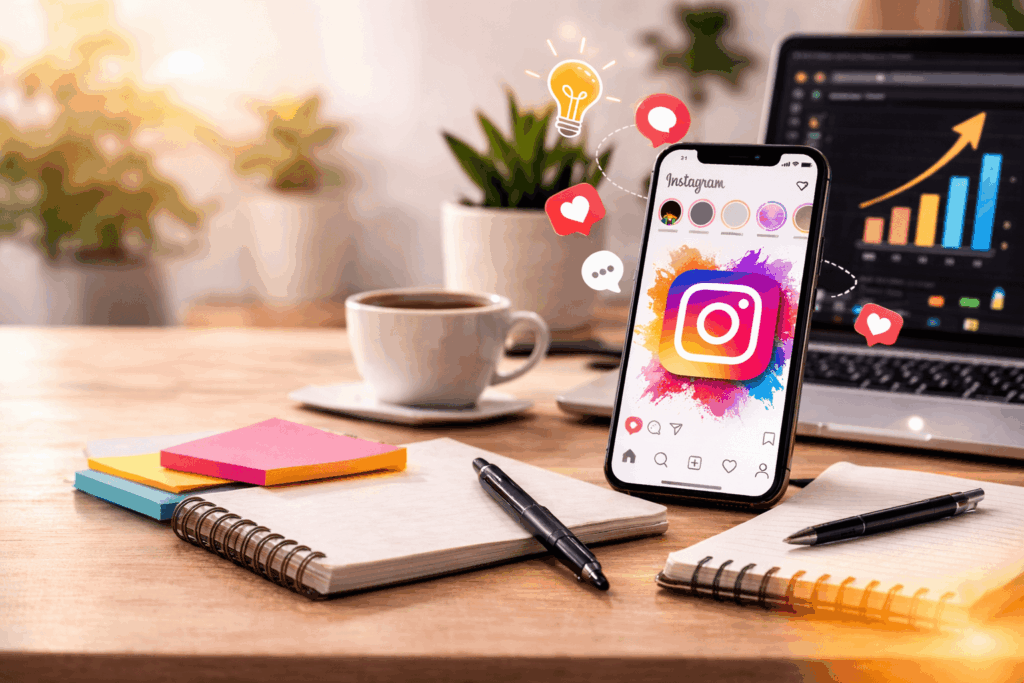 Instagram marketing workspace with smartphone showing social media analytics next to laptop and coffee on a wooden desk