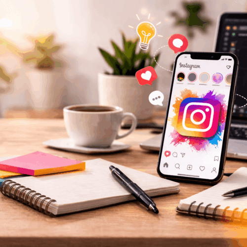 Instagram marketing workspace with smartphone showing social media analytics next to laptop and coffee on a wooden desk