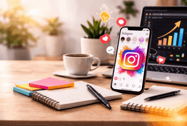 Instagram marketing workspace with smartphone showing social media analytics next to laptop and coffee on a wooden desk