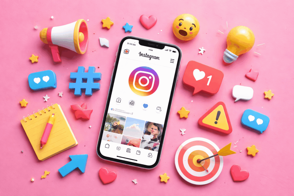 instagram marketing and growth concept with smartphone and social media icons